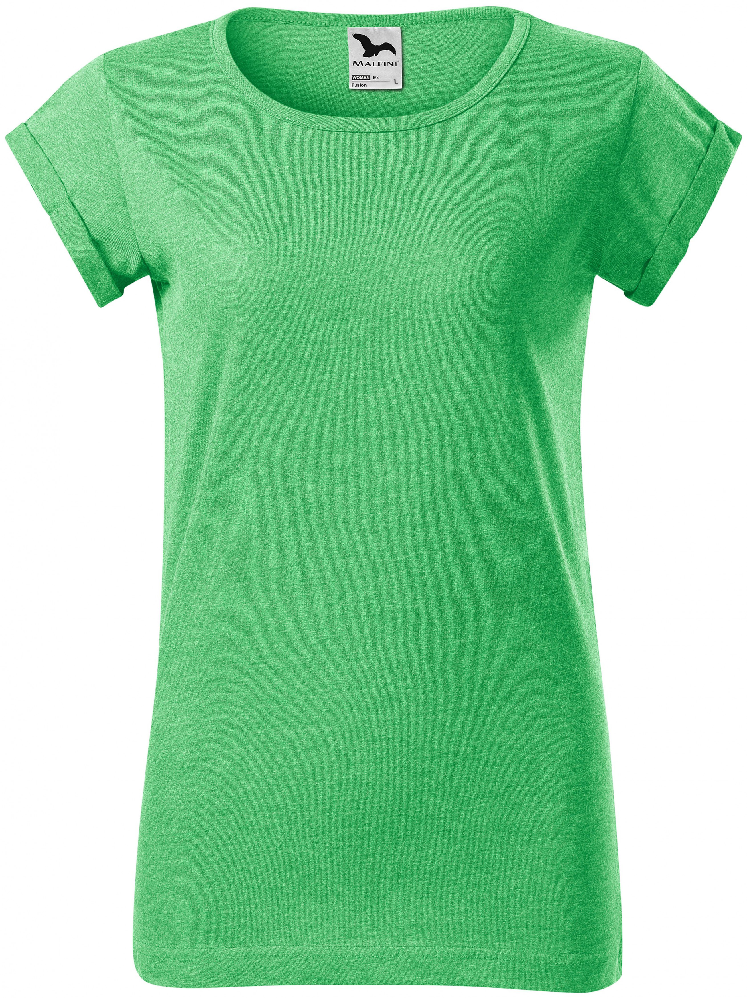 Dámske tričko s vyhrnutými rukávmi, zelený melír, M